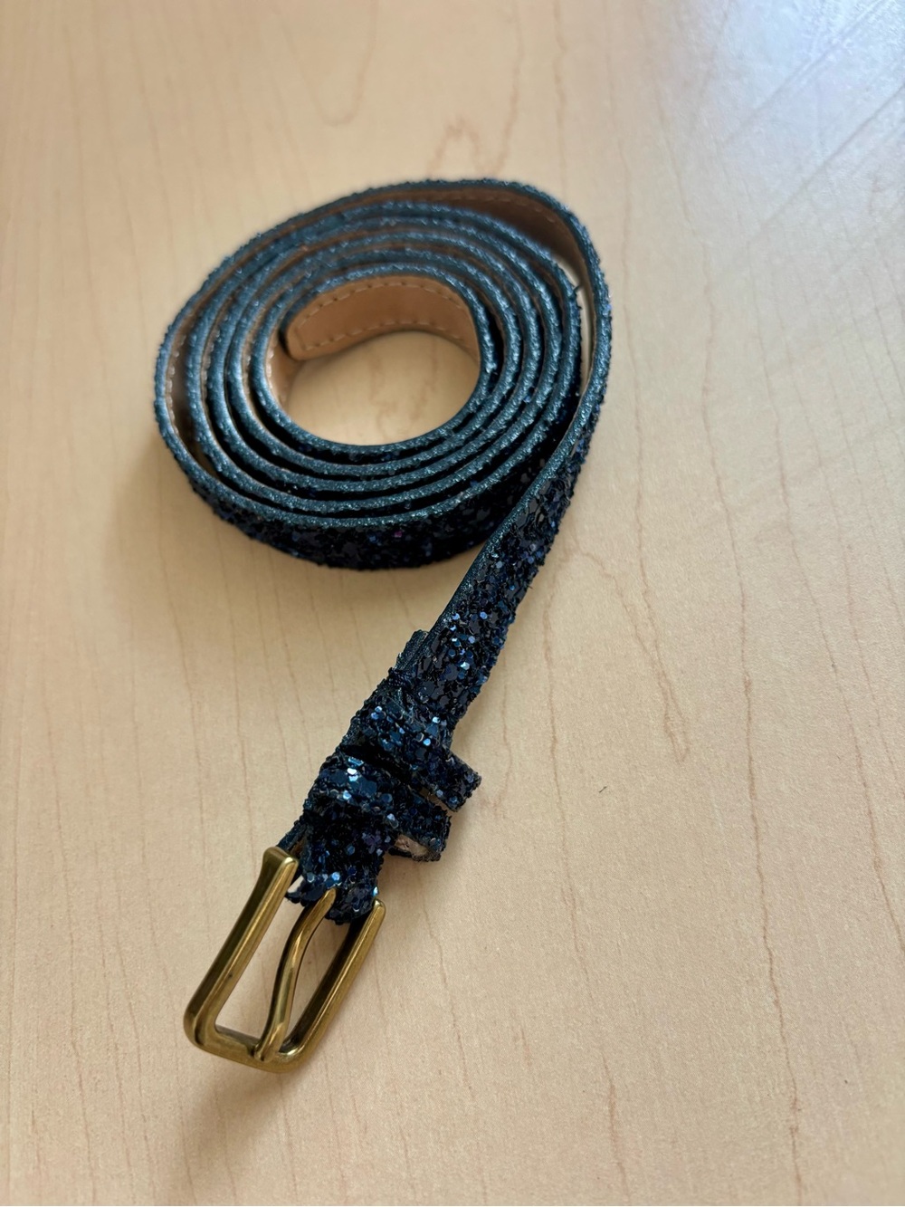 J. Crew | Navy Blue Glitter Genuine Leather Belt, full length 38in w 1/2in, sz M - Picture 1 of 6
